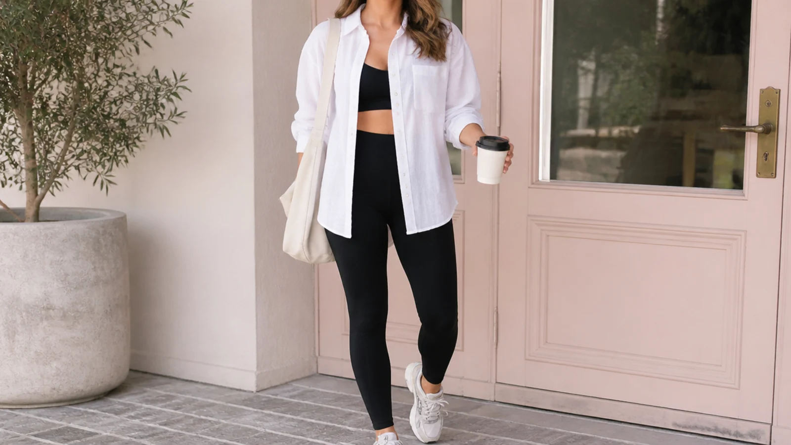Faceless gym-to-coffee outfit with an oversized button-down over a sports bra, black leggings and running sneakers