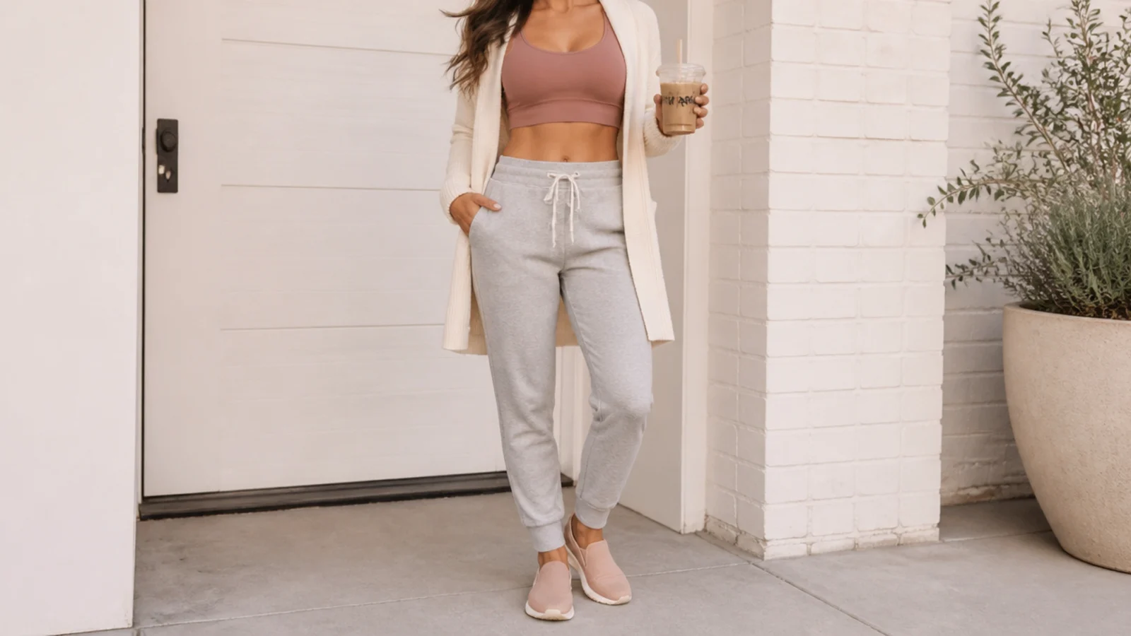 Faceless gym-to-coffee outfit with a longline sports bra, an open cardigan, gray joggers and slip-on sneakers
