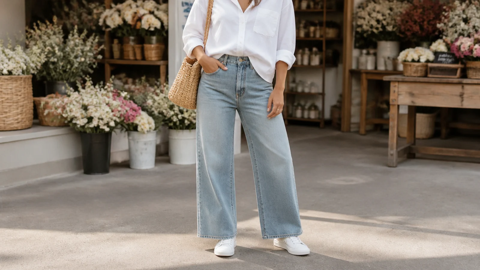 Faceless weekend market outfit with a crisp white button-down, wide-leg jeans and clean white sneakers