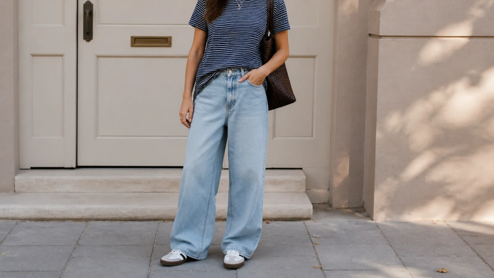 Faceless weekend errand outfit with a navy striped tee, baggy jeans and black-and-white Samba sneakers