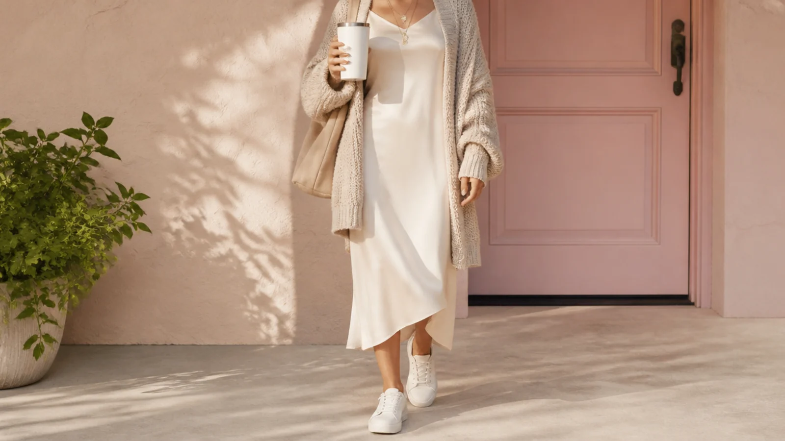 Faceless errand outfit with a chunky oversized cardigan over a slip dress and white sneakers
