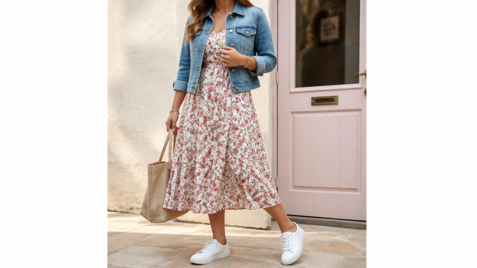Faceless errand outfit with a denim jacket over a floral midi dress and low-profile white sneakers