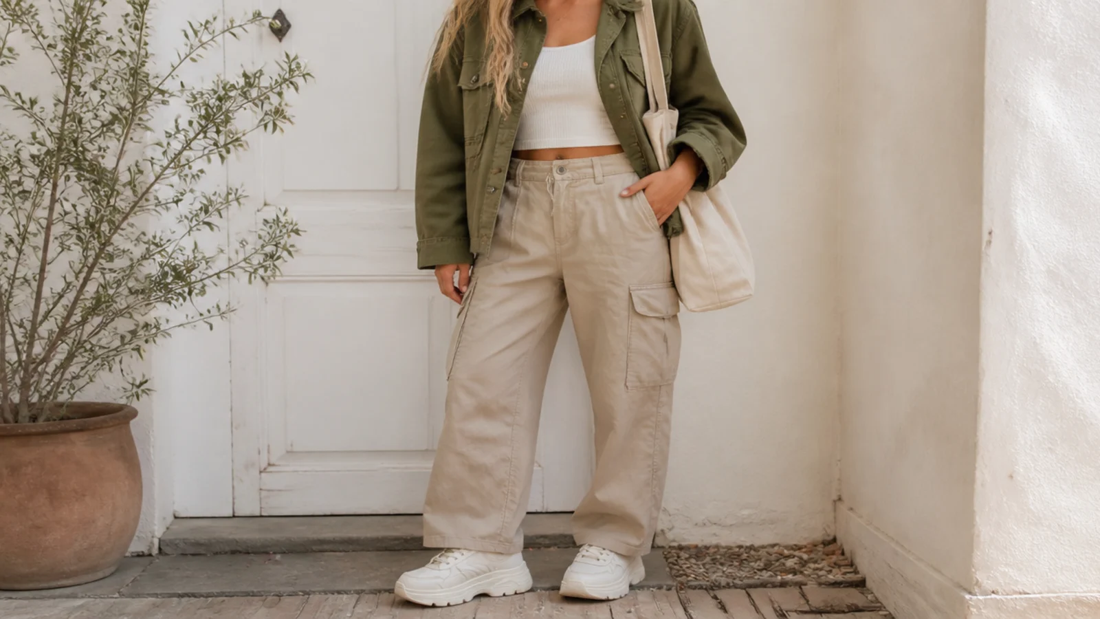 Faceless errand outfit with an olive utility jacket, khaki cargo pants and chunky white sneakers