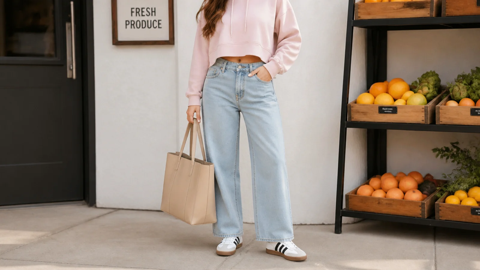 Faceless grocery run outfit with a cropped hoodie, wide-leg jeans, Samba sneakers and a structured tote