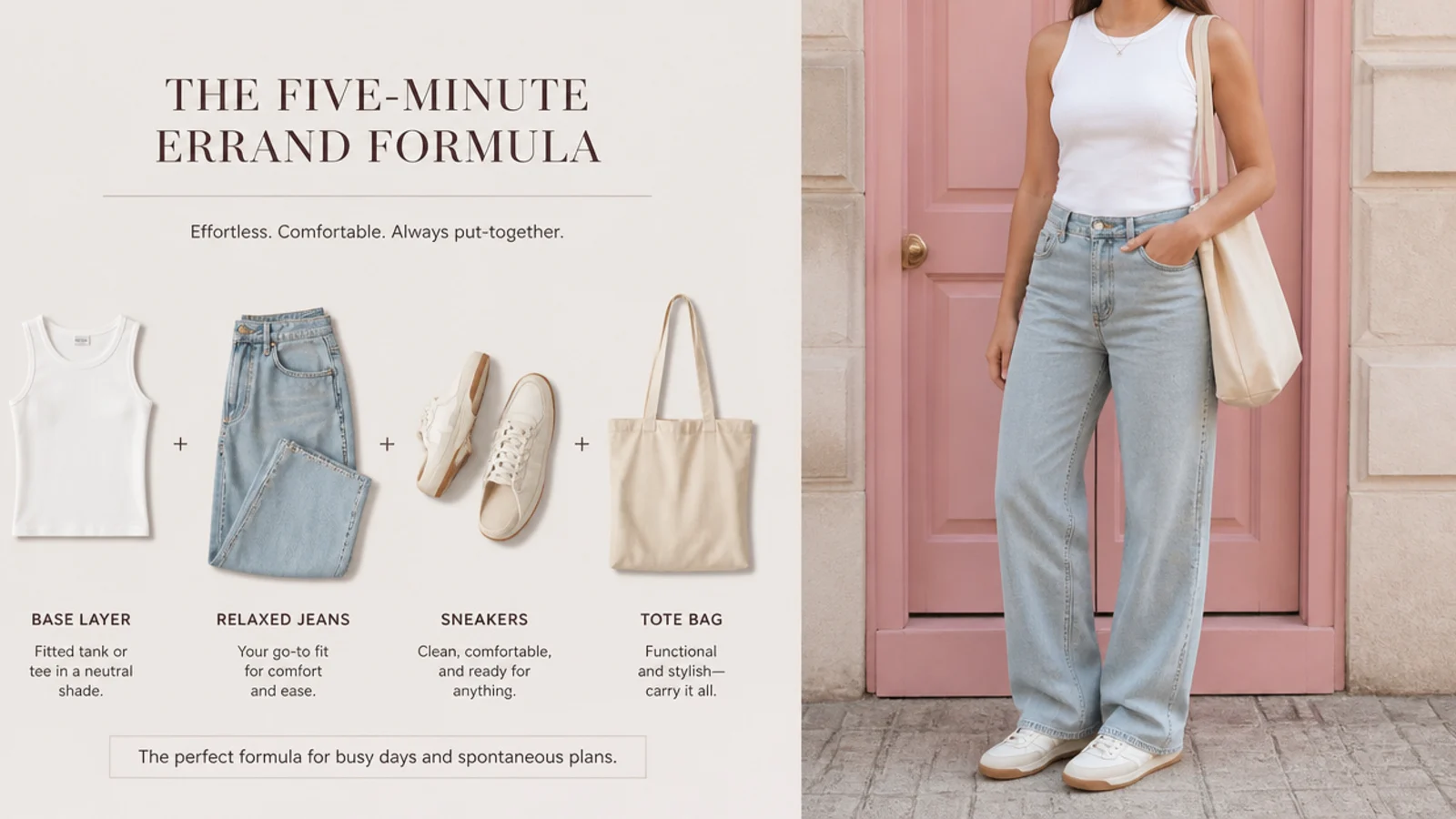 Faceless flat-lay of the five-minute errand formula with a base layer, relaxed jeans, sneakers and a tote