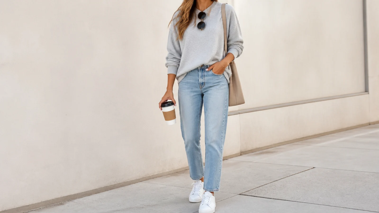 Faceless errand day outfit with a gray sweatshirt, straight jeans and clean white sneakers
