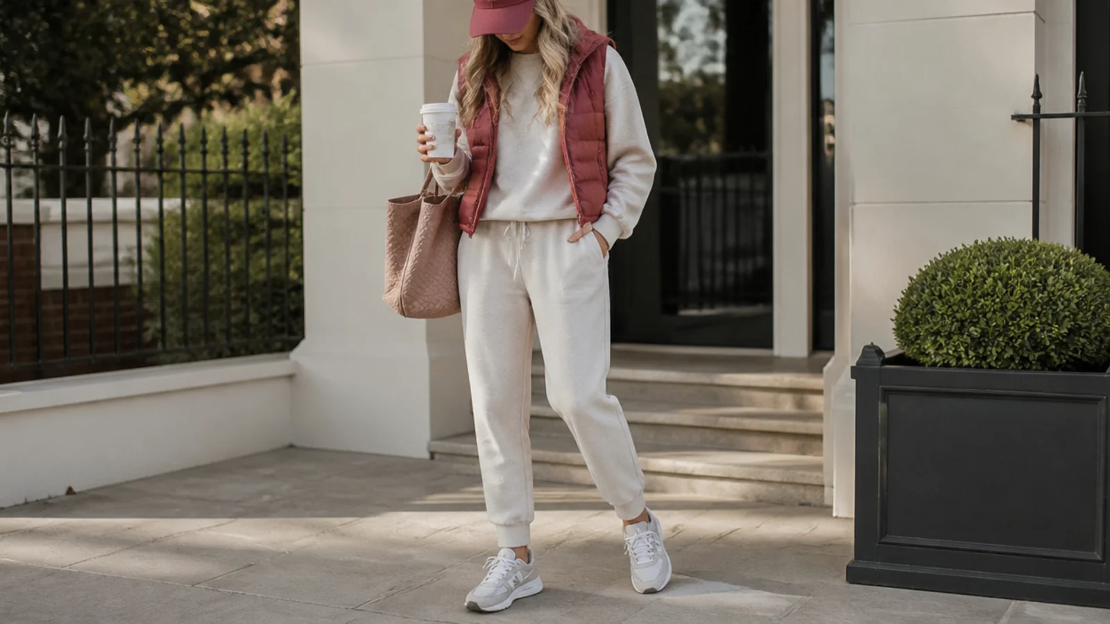 Faceless school run outfit with a quilted vest, joggers, running sneakers and a baseball cap