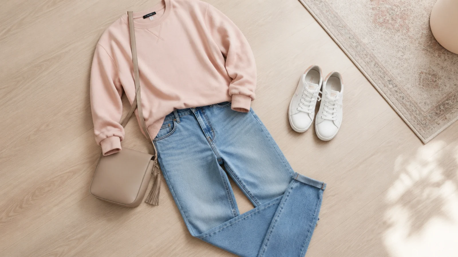 Faceless flat-lay of an errand day outfit with a sweatshirt, straight jeans, white sneakers and a crossbody bag