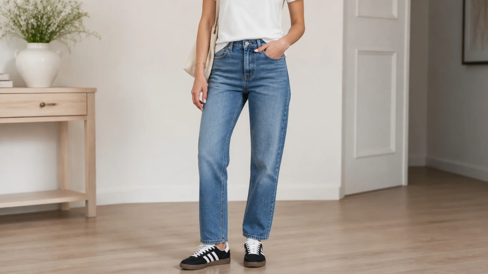Faceless outfit with black-and-white gum-sole Adidas Samba sneakers, straight-leg jeans and a white tee