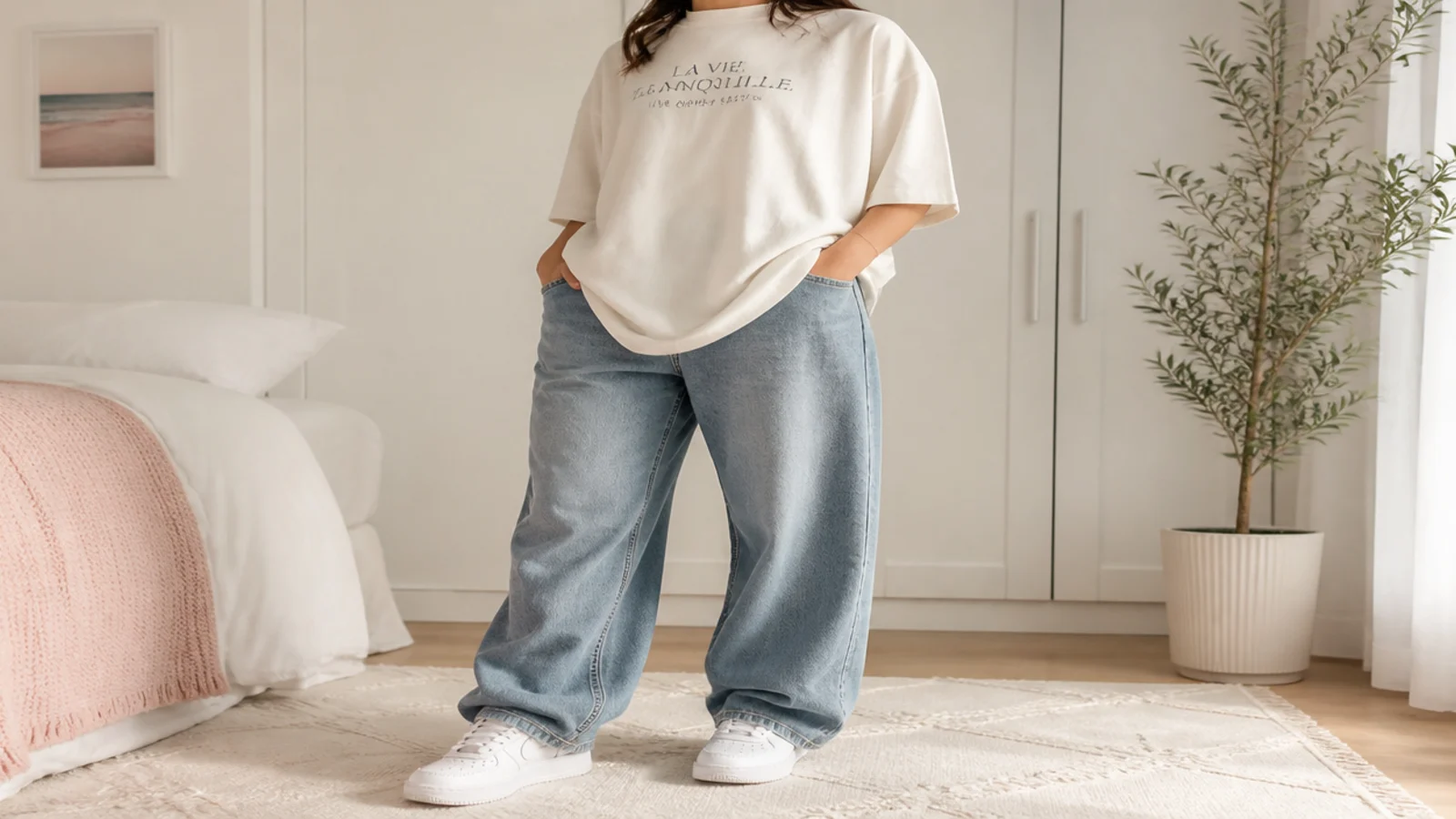 Faceless outfit with chunky white leather Nike Air Force 1 sneakers, baggy jeans and an oversized tee