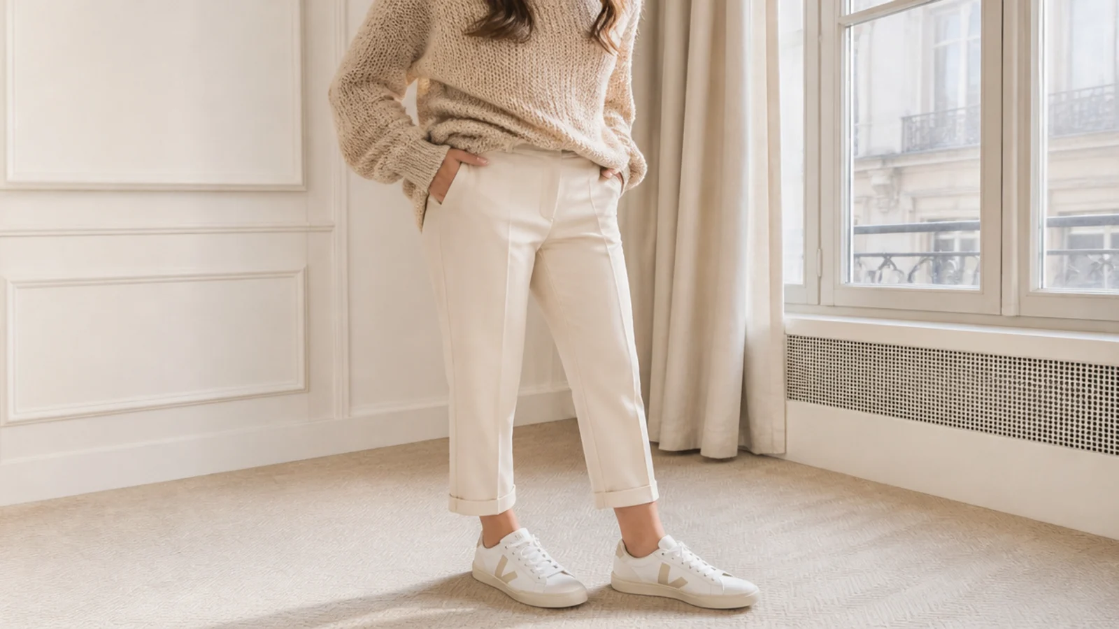 Faceless outfit with white Veja V-10 leather sneakers with a beige V logo, cropped trousers and a knit