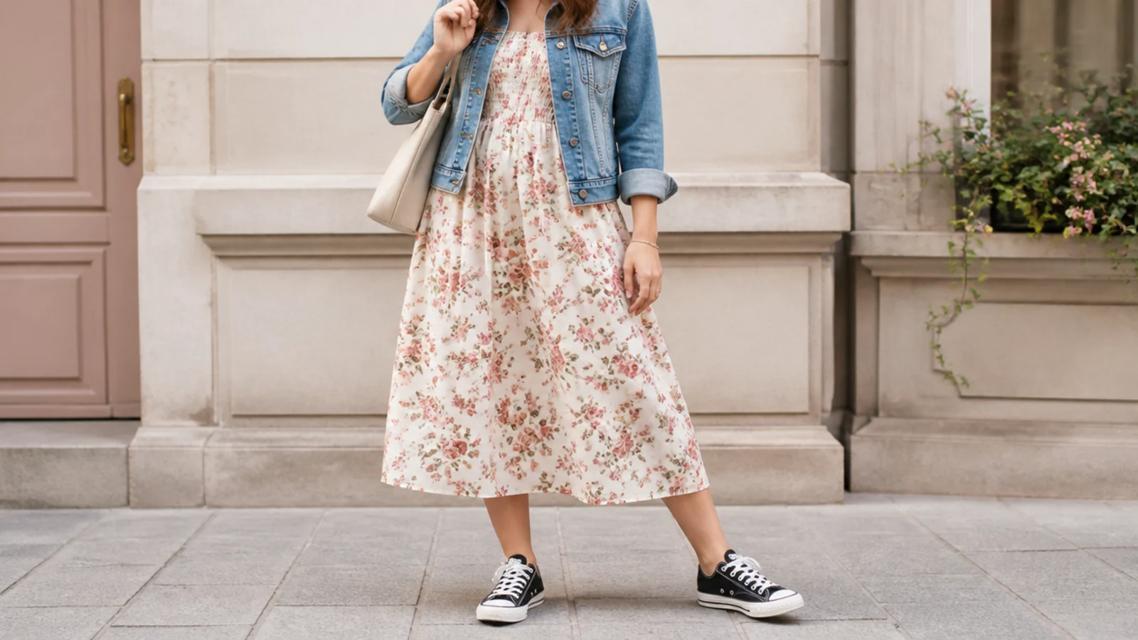 Faceless outfit with black low-top Converse Chuck 70 canvas sneakers, a floral midi dress and a denim jacket
