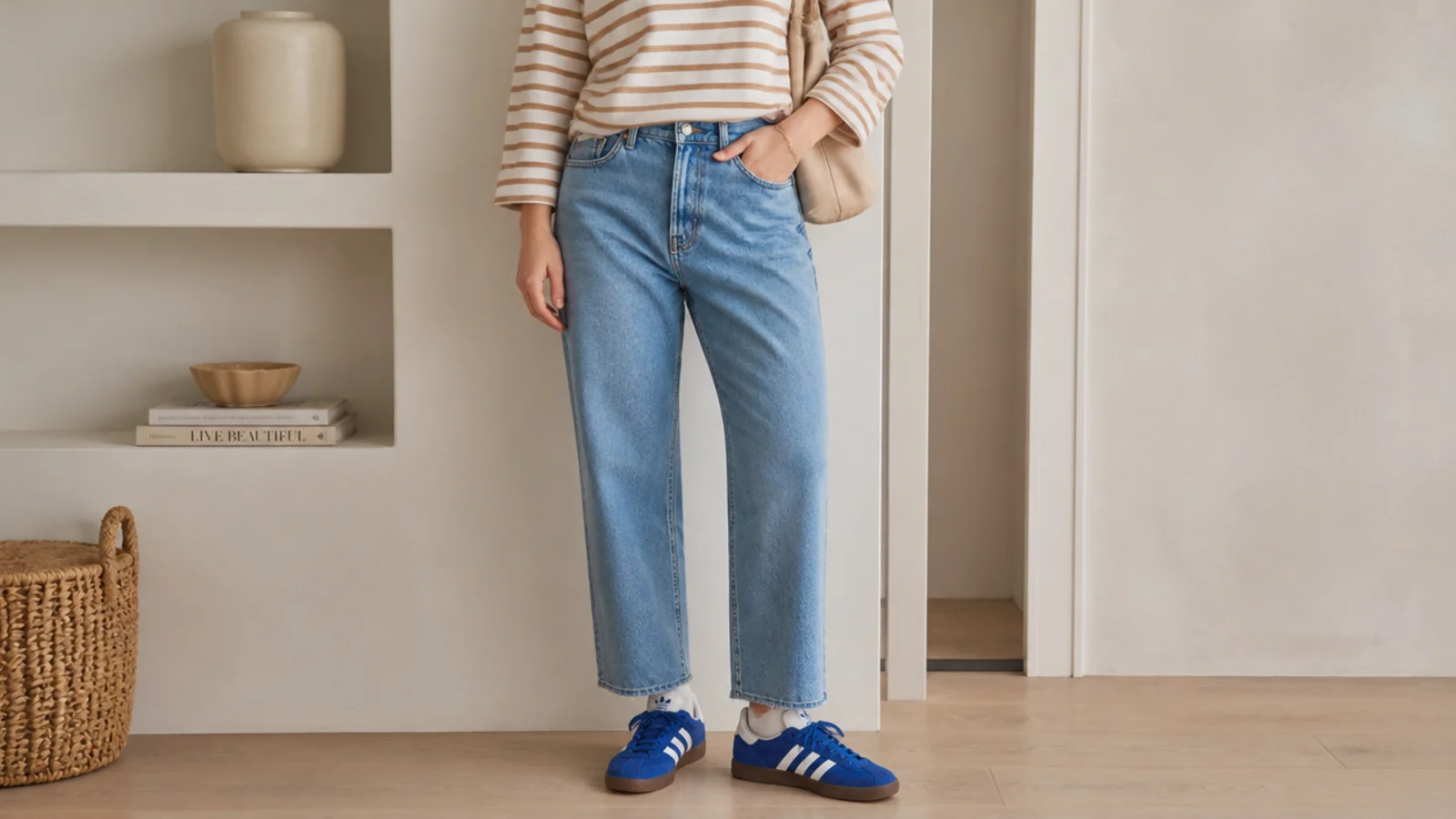 Faceless outfit with suede Adidas Gazelle sneakers in bold blue, straight jeans and a striped top