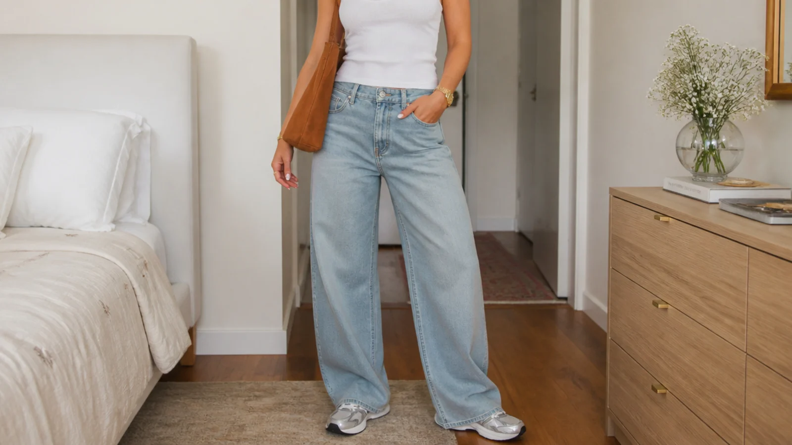 Faceless outfit with silver-and-white New Balance 530 dad sneakers, wide-leg jeans and a fitted tank