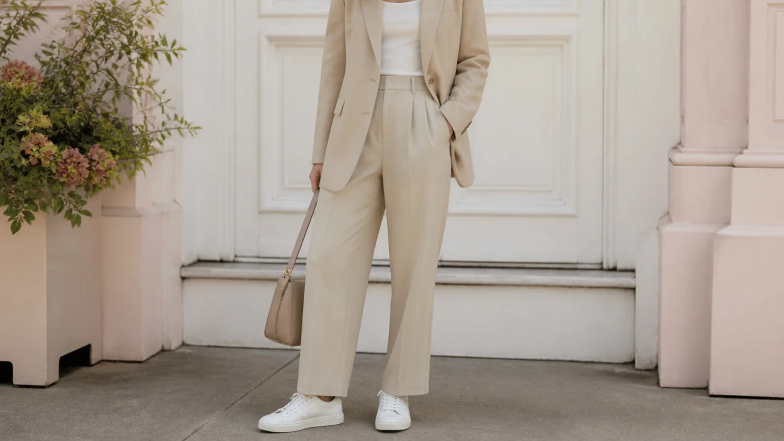 Faceless outfit with minimalist white leather Adidas Stan Smith sneakers, tailored trousers and a blazer