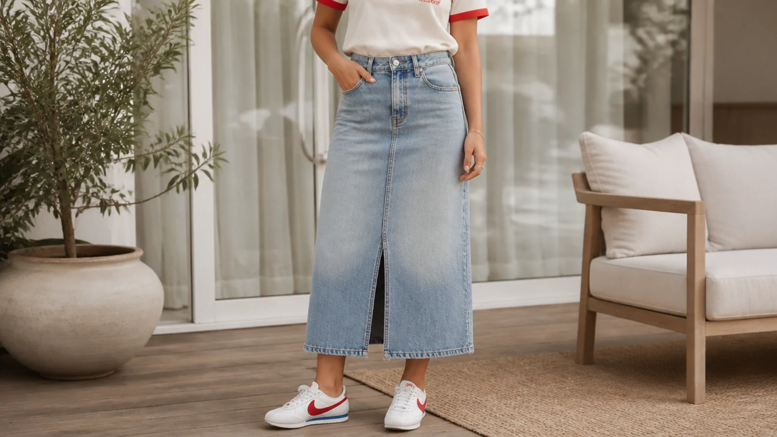 Faceless outfit with slim white-and-red Nike Cortez retro runners, a denim midi skirt and a tucked tee