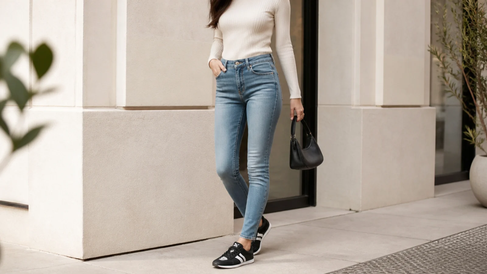 Faceless outfit with a slim low black Puma Speedcat racing flat, skinny jeans and a fitted long-sleeve top