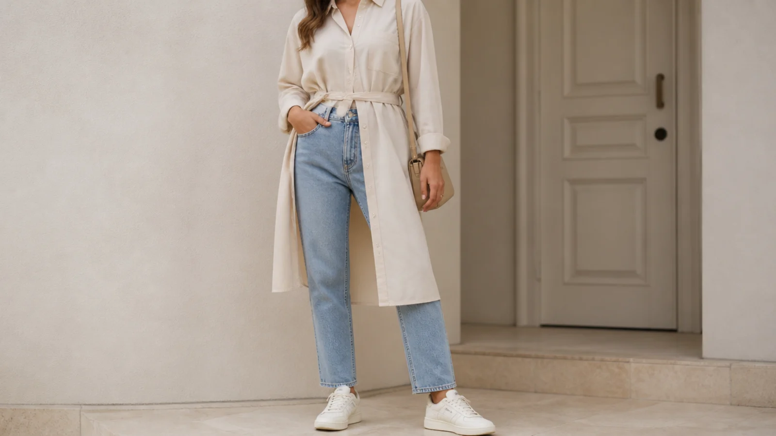 Faceless outfit with clean white leather Reebok Club C 85 tennis sneakers, straight jeans and a shirt dress