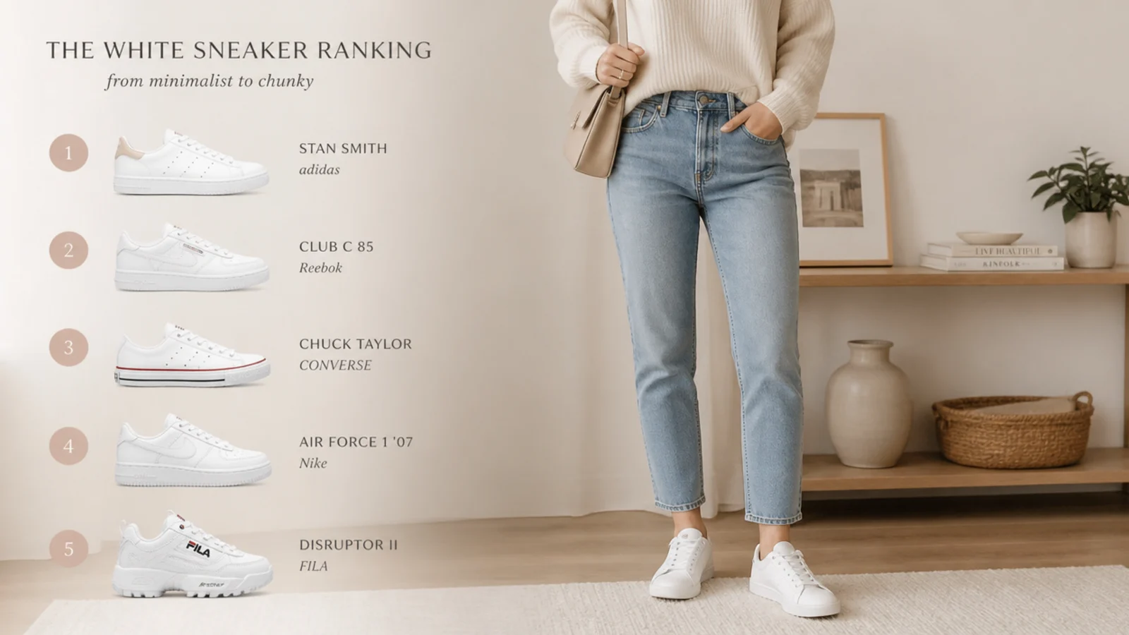 Faceless flat-lay ranking white leather sneakers from a minimalist Stan Smith to a chunky Air Force 1