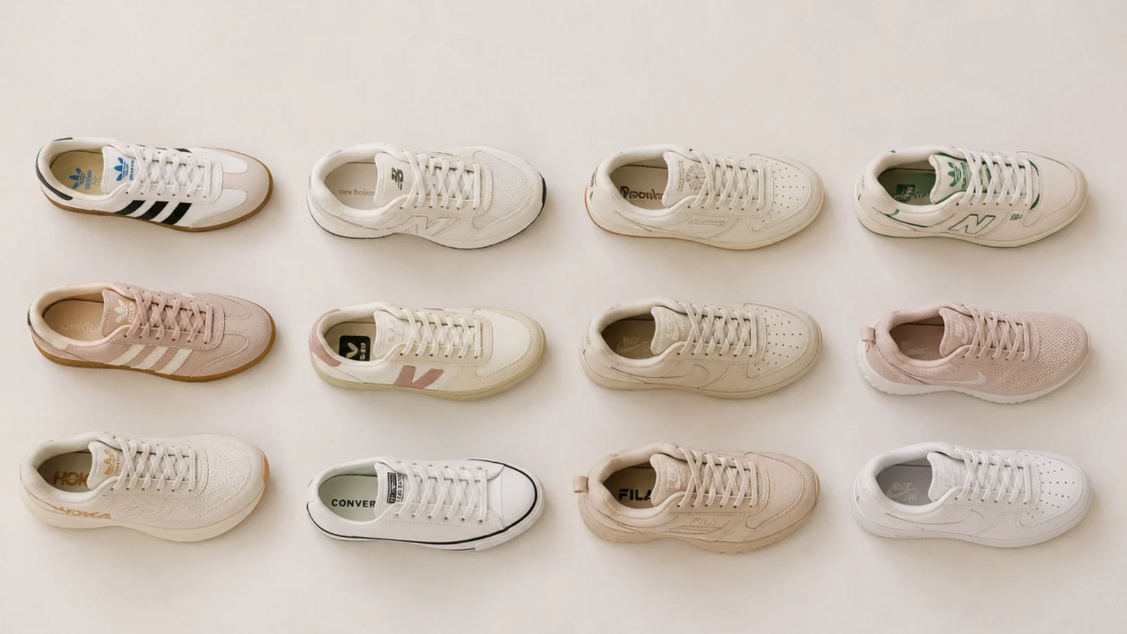 Faceless flat-lay of twelve everyday women's sneakers compared, from gum-sole Samba to chunky Air Force 1