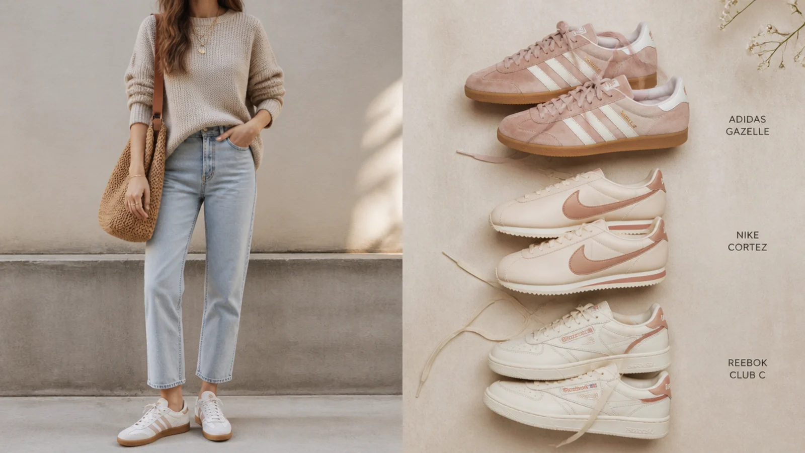 Faceless flat-lay of Samba alternatives including an Adidas Gazelle, a Nike Cortez and a Reebok Club C