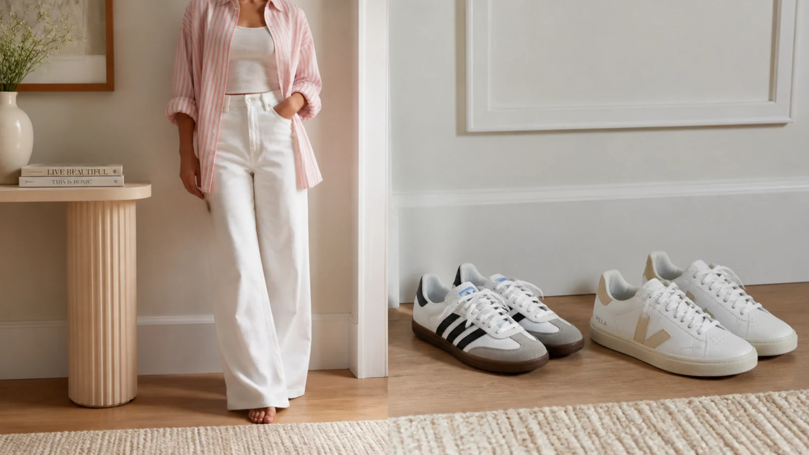 Faceless side-by-side of a gum-sole Adidas Samba beside a white Veja V-10 with a beige V logo