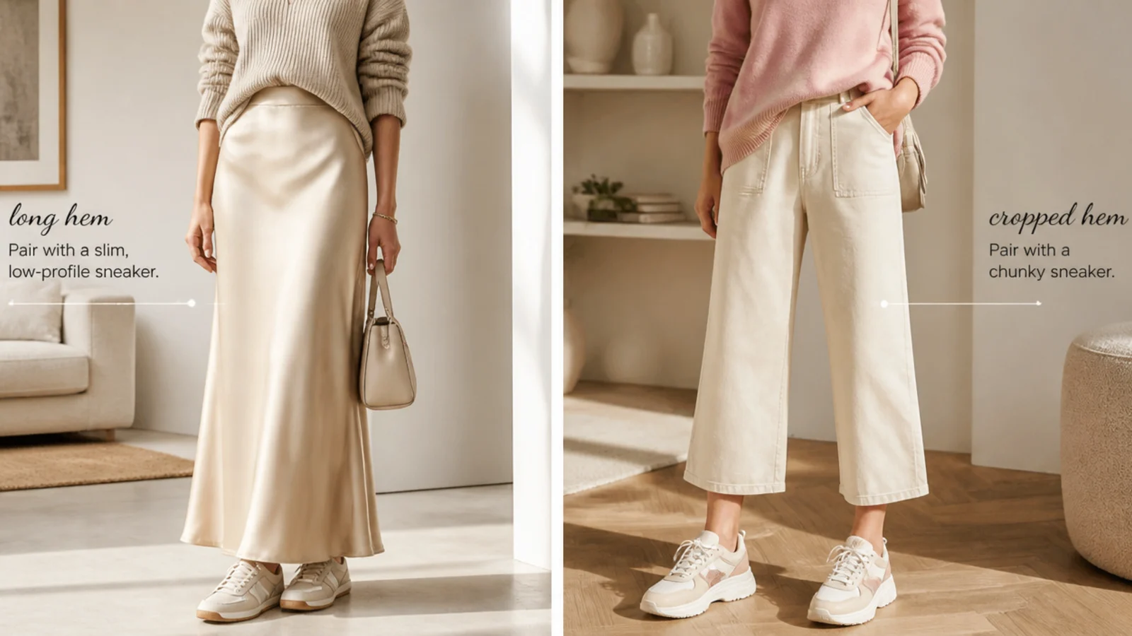 Faceless flat-lay pairing a slim low-profile sneaker with a long hem and a chunky sneaker with a cropped hem