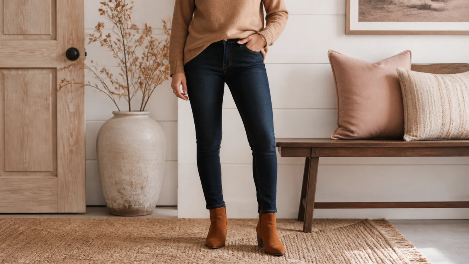 Faceless fall outfit with cognac suede ankle boots, dark-wash skinny jeans tucked at the shaft and a camel sweater