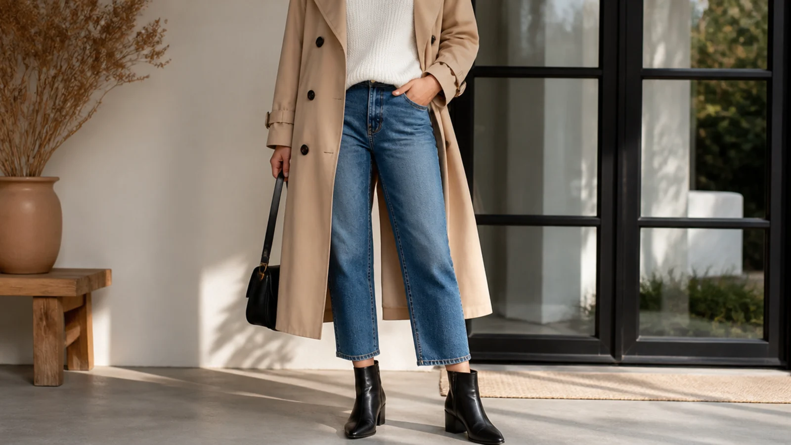 Faceless fall outfit with black leather ankle boots and cropped straight-leg jeans ending above the shaft