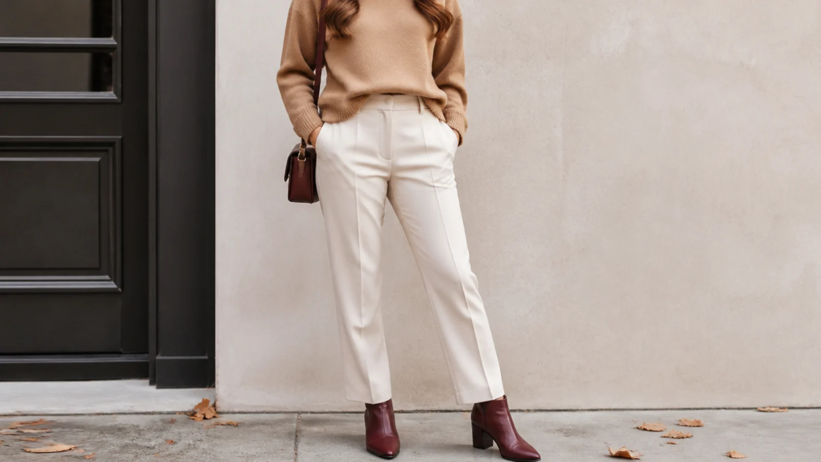 Faceless polished fall outfit with burgundy leather ankle boots, tailored trousers and a camel sweater