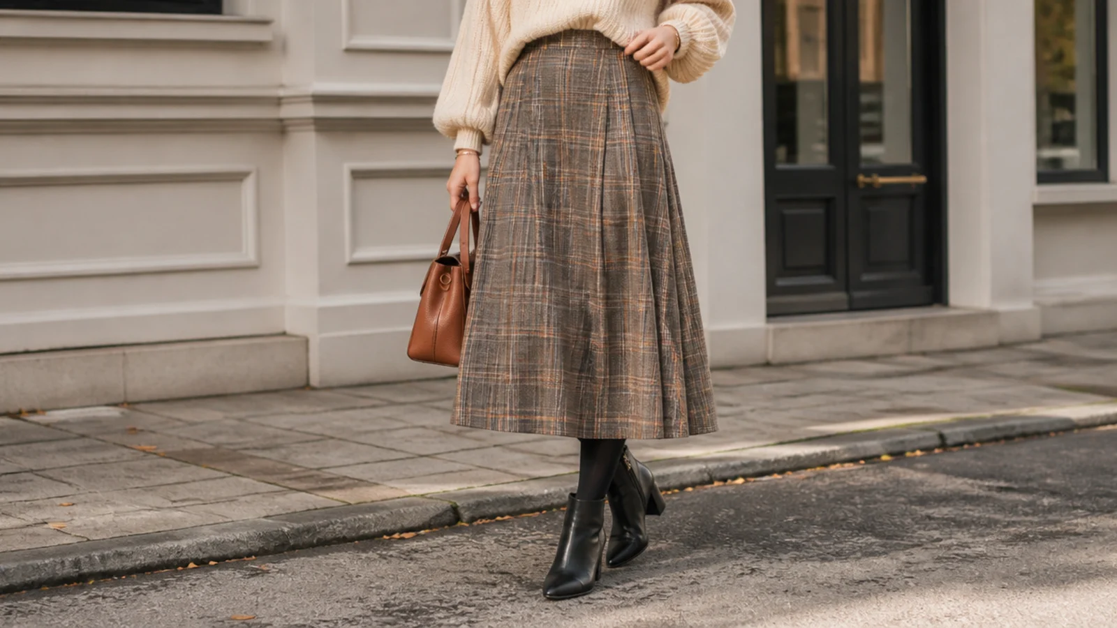 Faceless fall outfit with black ankle boots, opaque tights and a plaid midi skirt hitting mid-calf