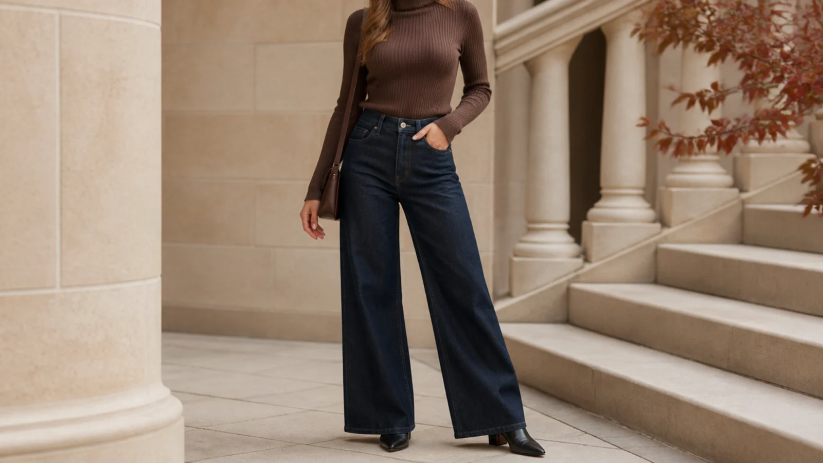Faceless fall outfit with black ankle boots hidden under wide-leg dark denim and a fitted ribbed turtleneck