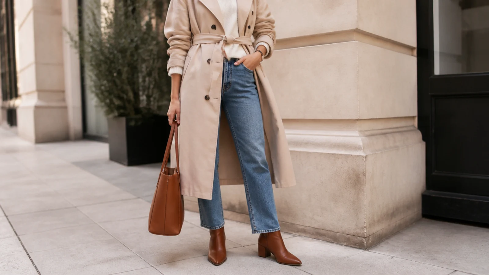 Faceless classic fall outfit with cognac ankle boots, straight-leg jeans and a belted stone trench coat