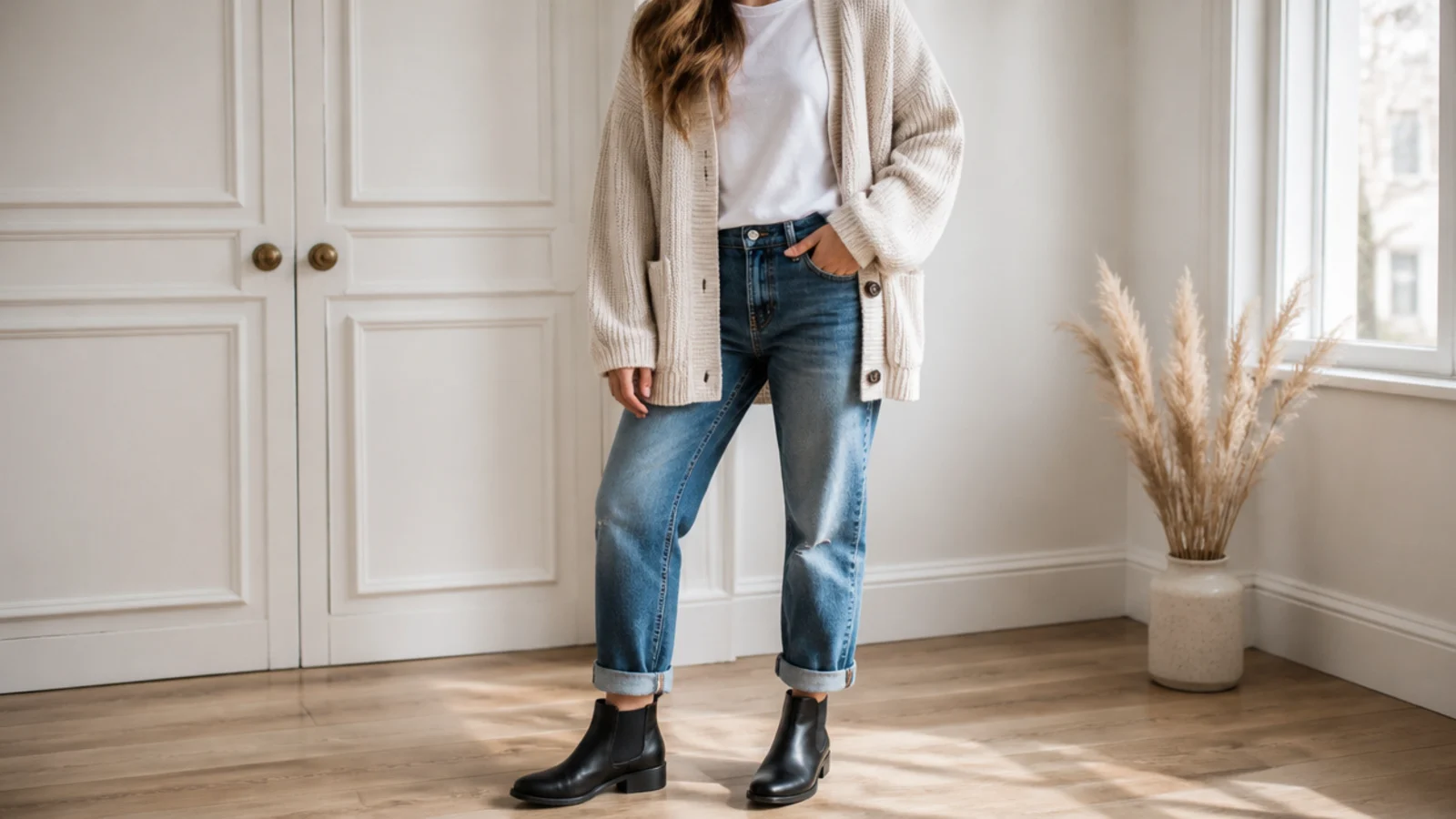 Faceless casual fall outfit with black Chelsea boots, cuffed mid-wash boyfriend jeans and an oversized cardigan