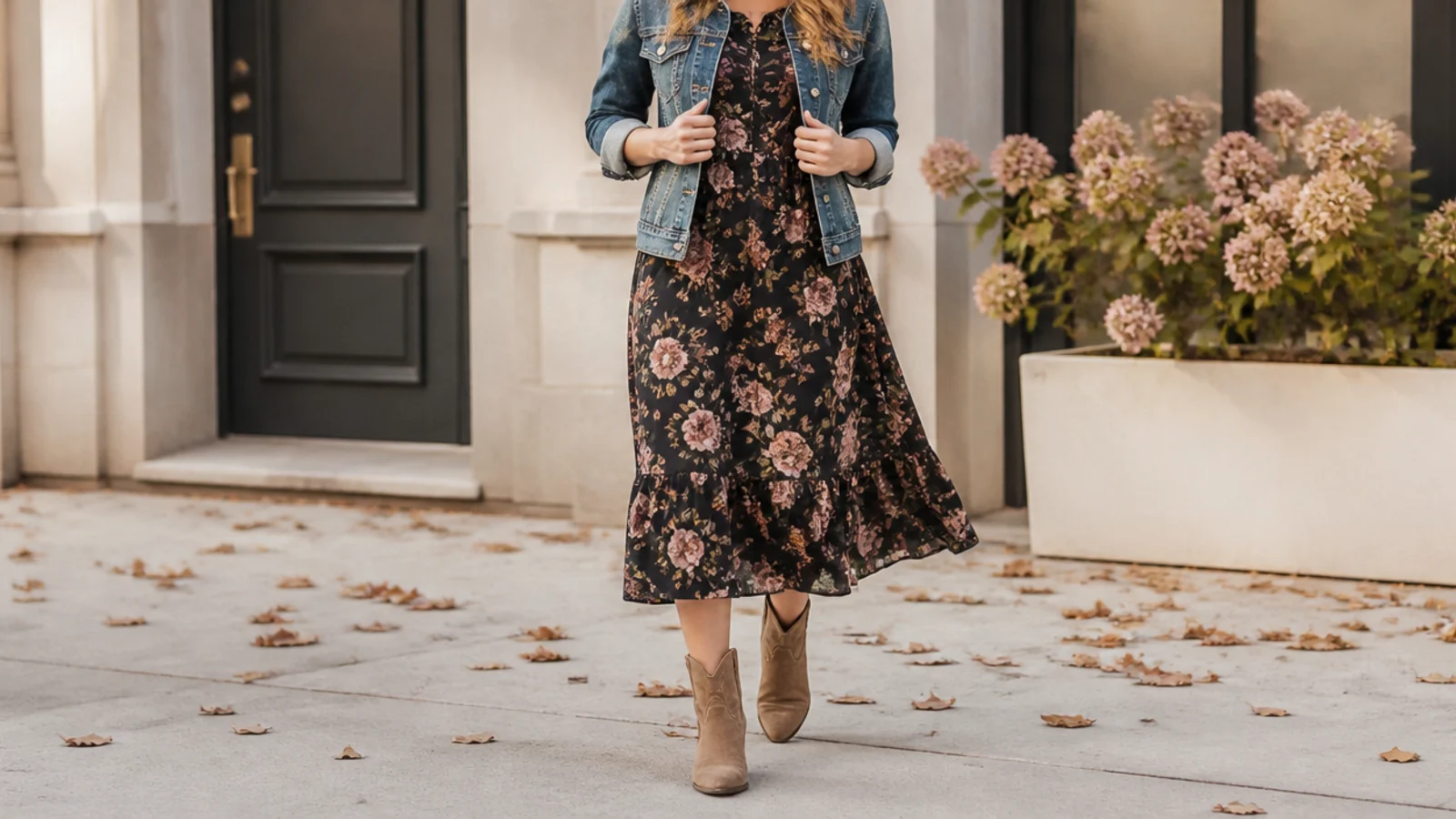 Faceless transitional fall outfit with tan western ankle boots, a dark floral midi dress and a denim jacket