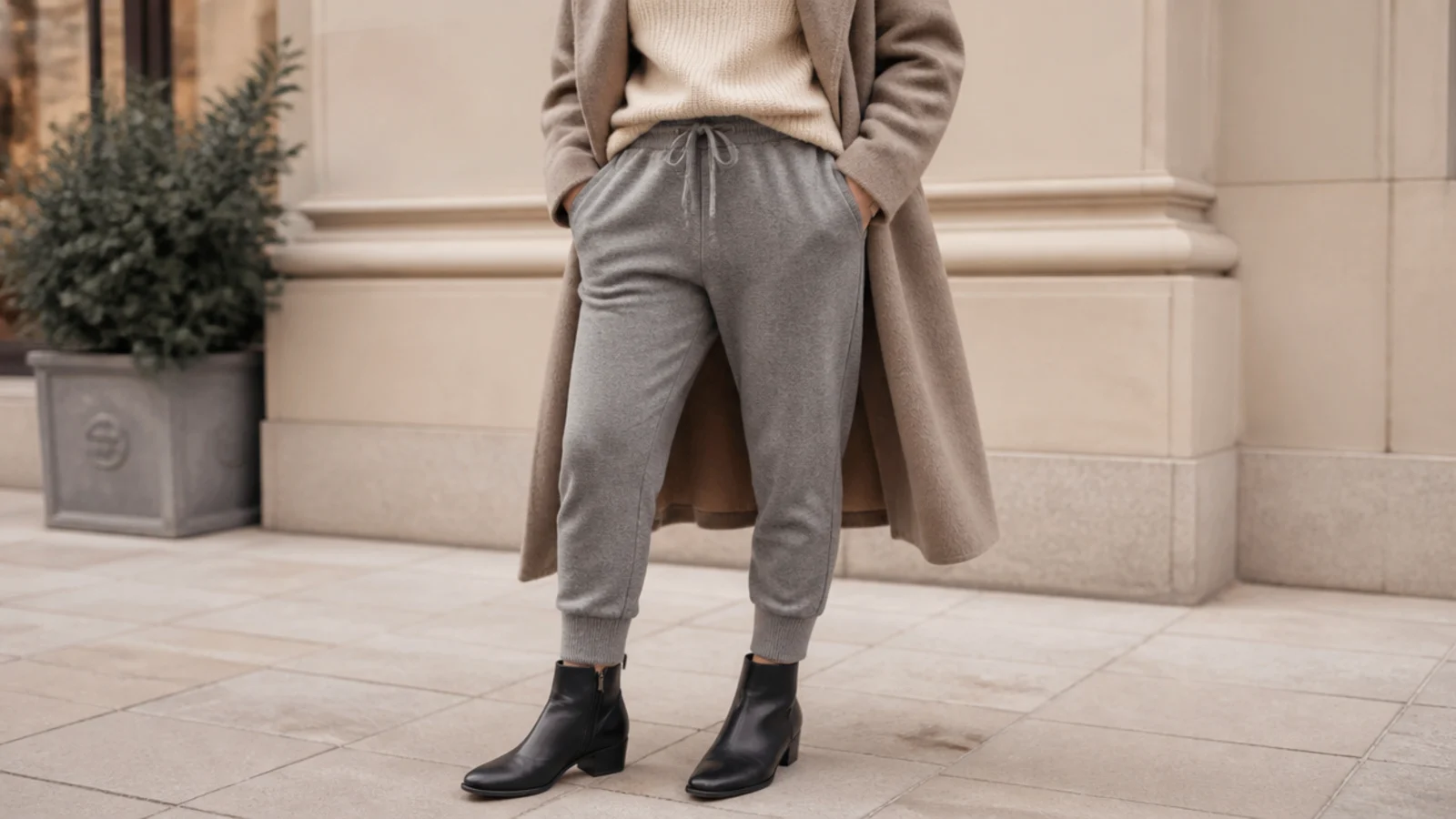 Faceless athleisure fall outfit with black ankle boots, tapered gray joggers and a longline wool coat