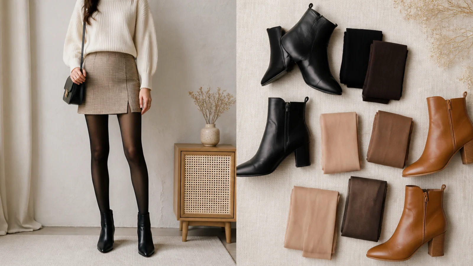 Faceless flat-lay of opaque and sheer tights laid beside black and cognac ankle boots for fall
