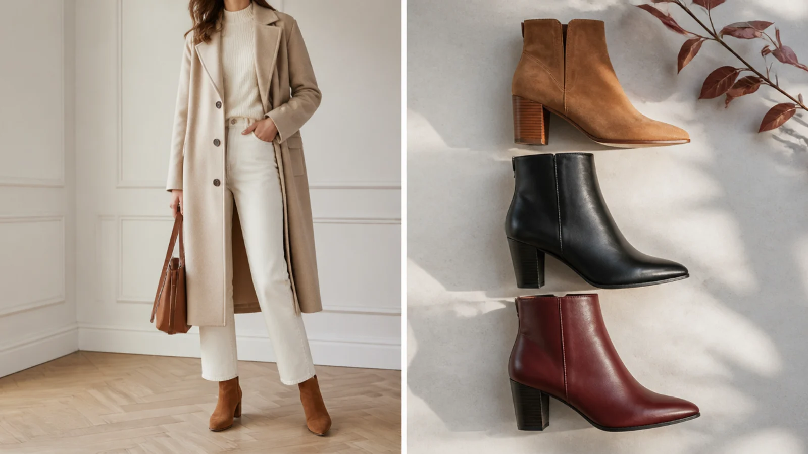 Faceless flat-lay of cognac suede, black leather and burgundy ankle boots side by side for fall styling