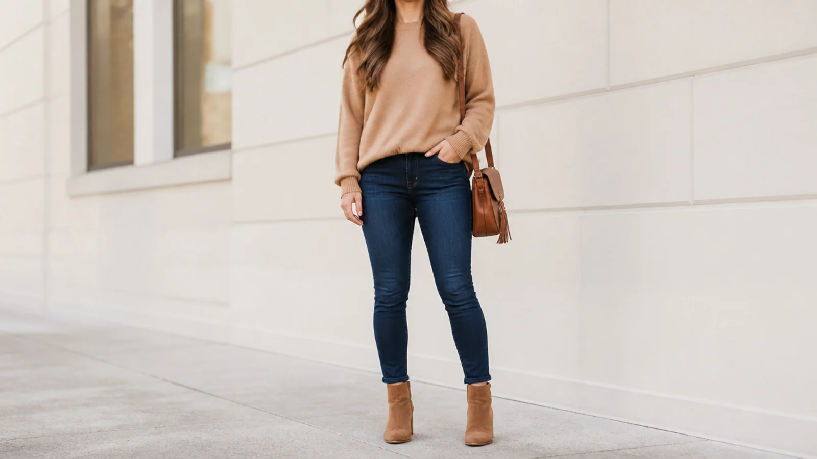 Faceless fall ankle boot outfit with cognac suede boots, dark-wash skinny jeans and a camel sweater