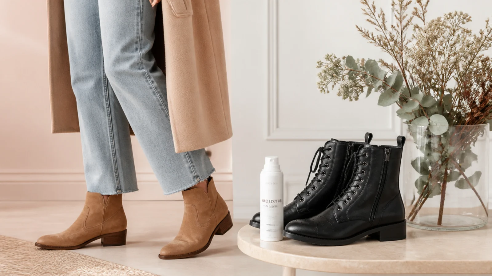 Faceless close-up of tan suede ankle boots beside a protector spray and a black leather boot for wet fall days