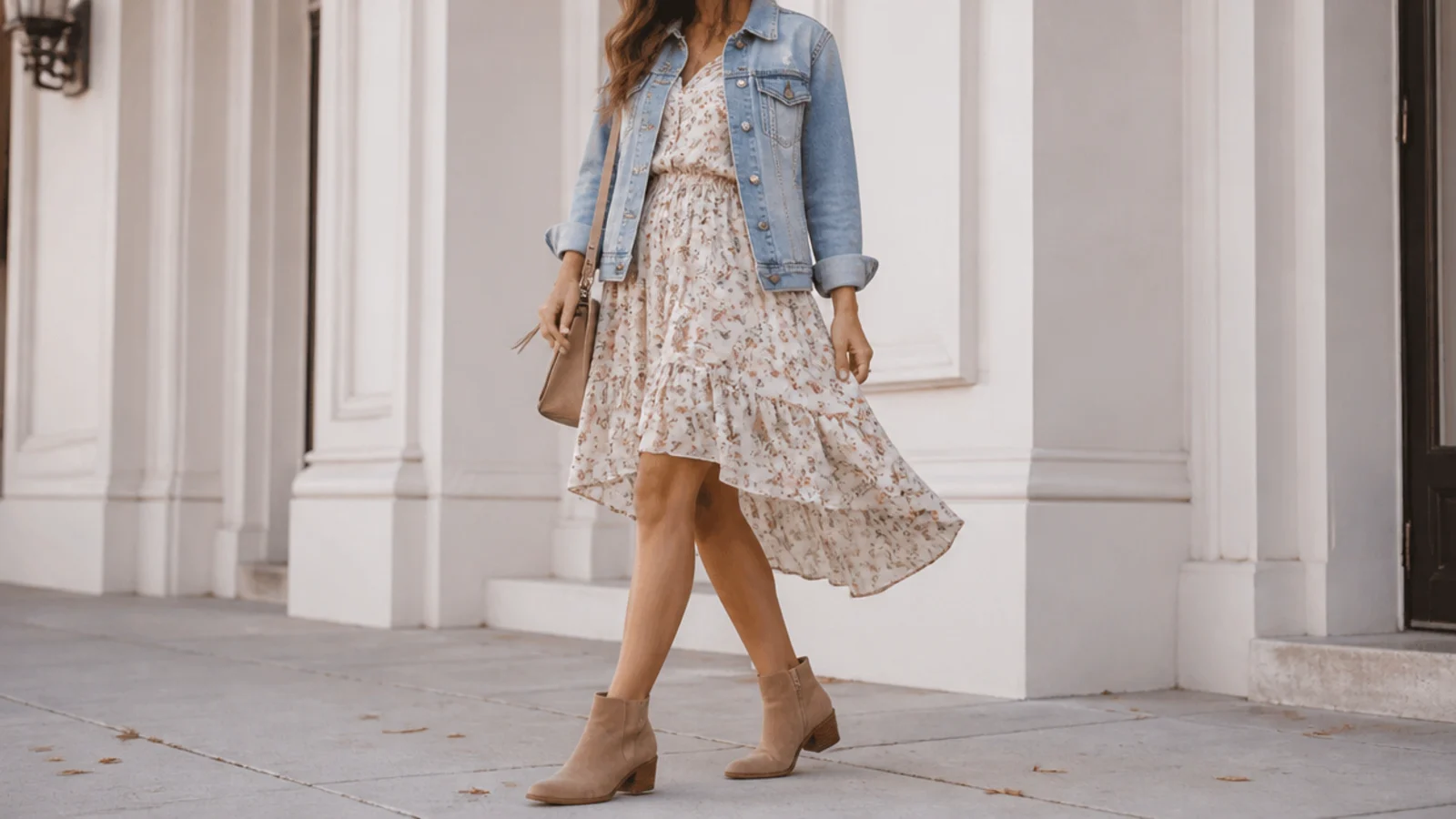 Faceless transitional outfit pairing tan ankle boots with a summer floral dress and a denim jacket for early fall