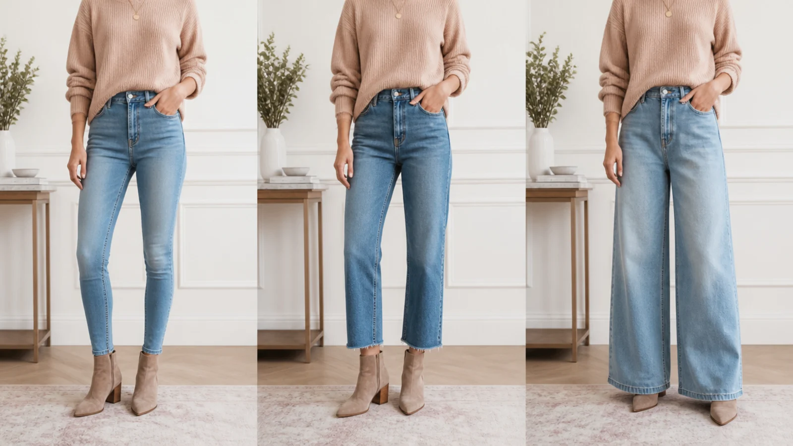 Faceless comparison of skinny, cropped straight-leg and wide-leg jeans styled with ankle boots for fall