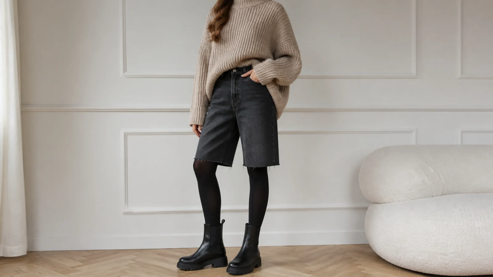 Faceless fall outfit with dark-wash bermuda jorts, black opaque tights, chunky black Chelsea boots and an oversized knit