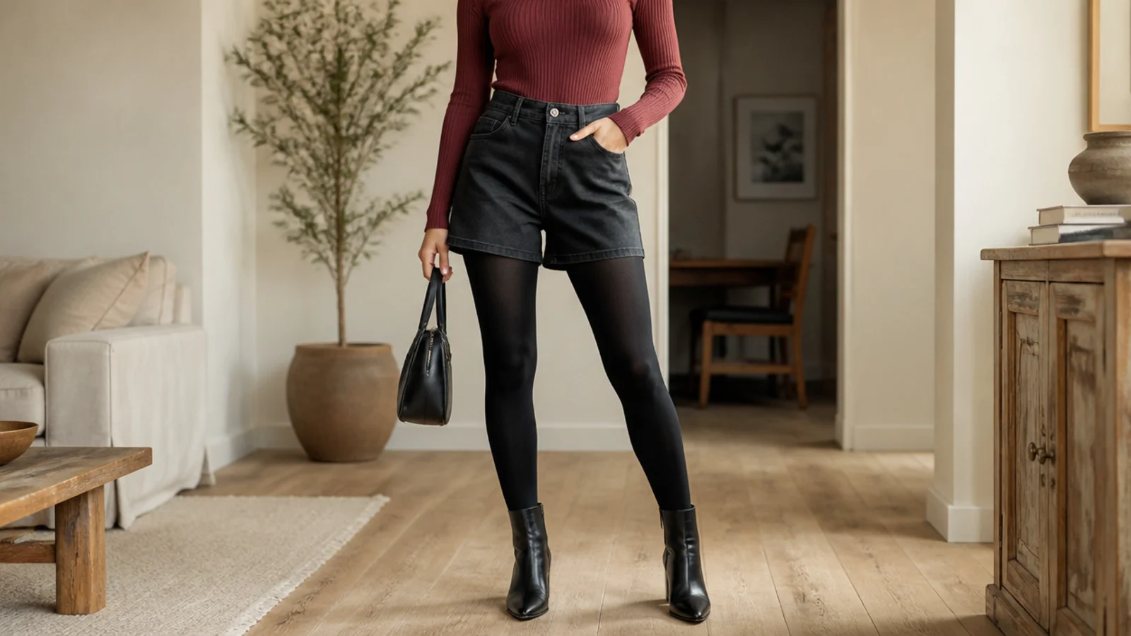 Faceless fall outfit with high-waisted dark jorts, a fitted ribbed turtleneck, opaque tights and black ankle boots