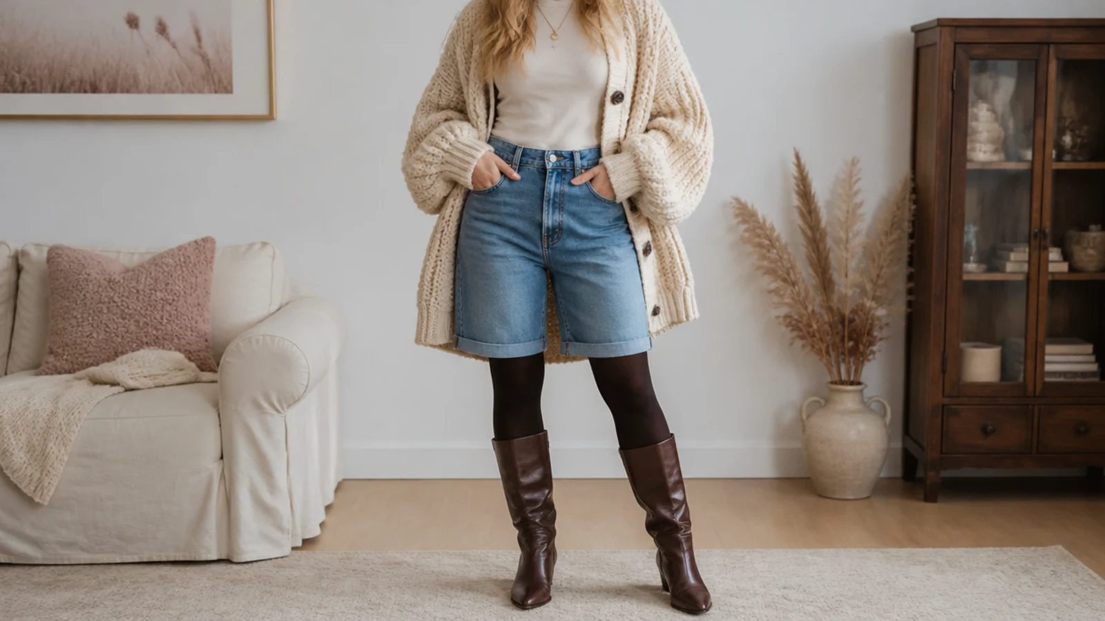 Faceless cozy fall outfit with cuffed mid-wash jorts, an oversized chunky cardigan, opaque tights and tall boots