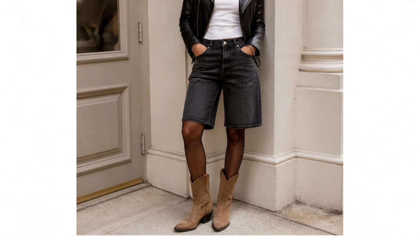 Faceless edgy fall outfit with long dark jorts, a black moto leather jacket, sheer tights and tan cowboy boots