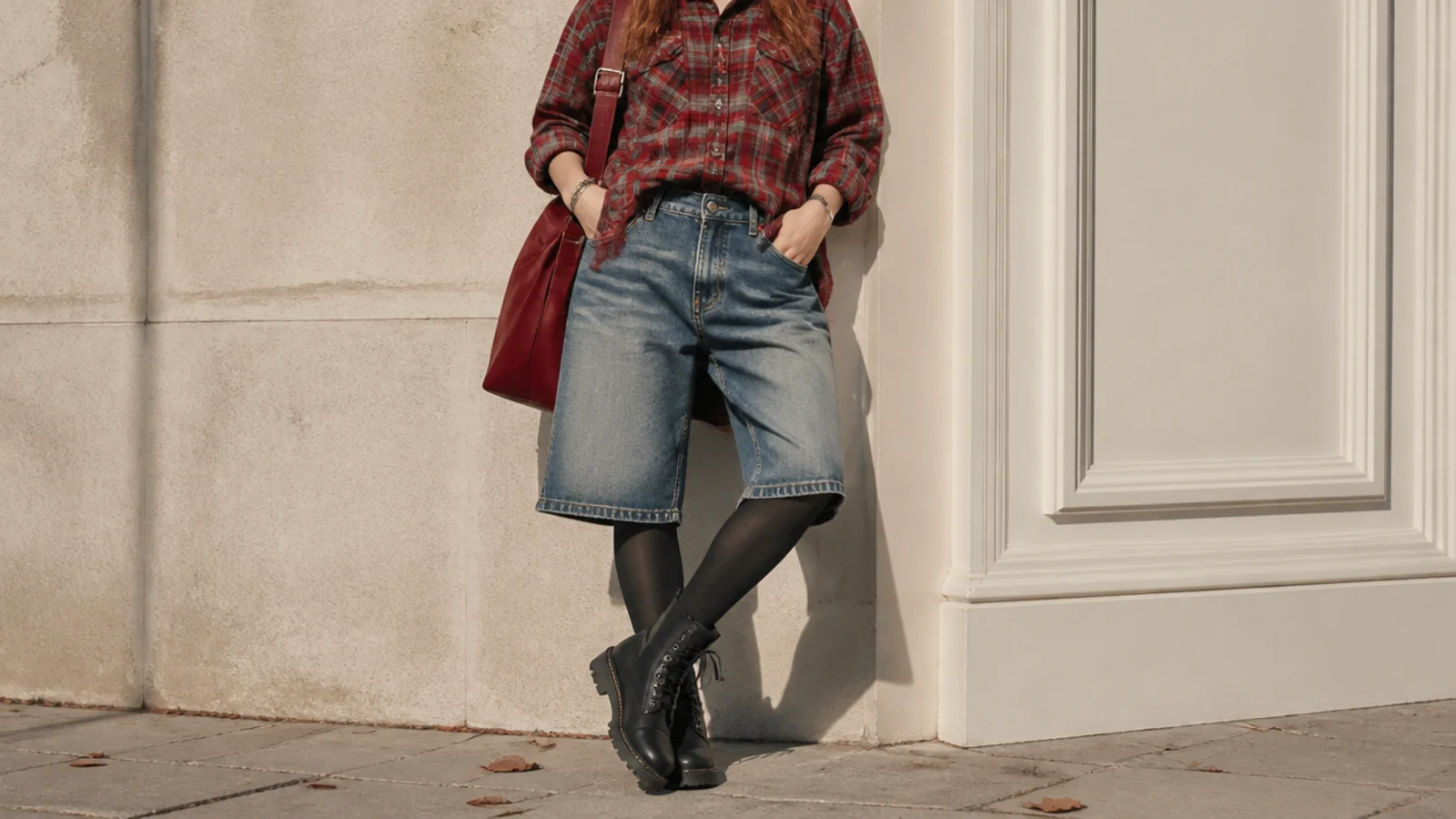 Faceless casual fall outfit with baggy mid-wash jorts, a red plaid flannel shirt, black tights and chunky combat boots