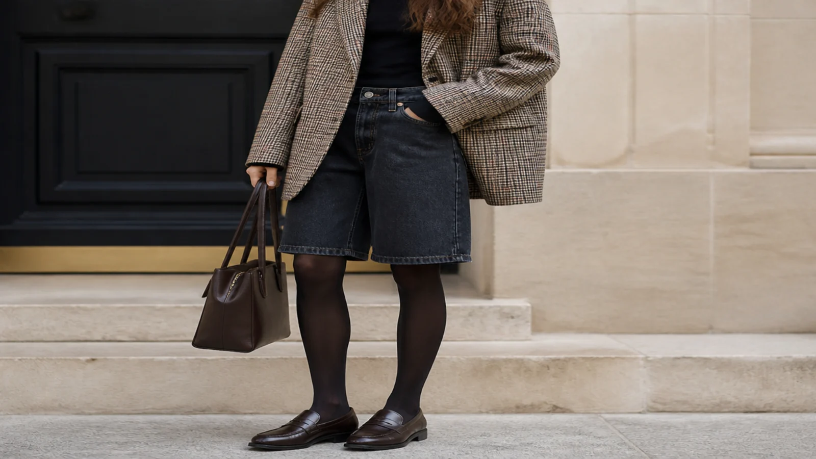 Faceless polished fall outfit with dark rigid jorts, an oversized checked blazer, opaque tights and leather loafers