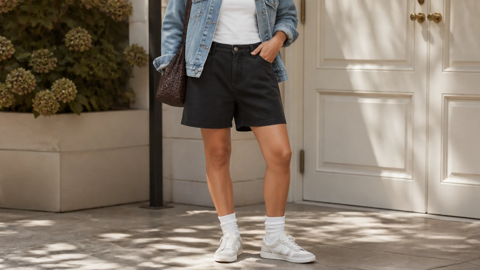 Faceless casual fall outfit with dark jorts, a contrasting denim jacket, pulled-up crew socks and white sneakers