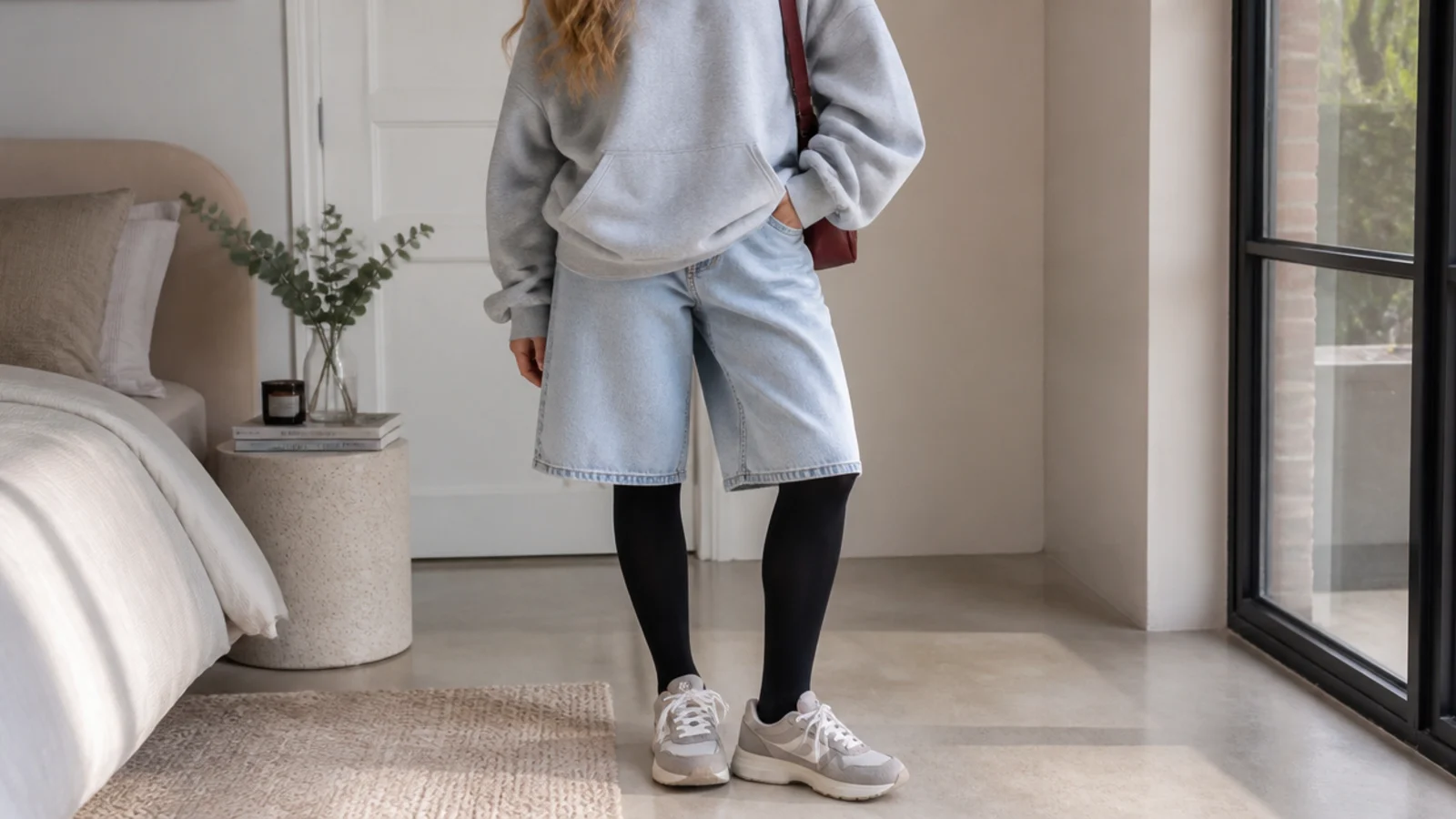 Faceless sporty fall outfit with long bermuda jorts, an oversized gray hoodie, black tights and chunky sneakers